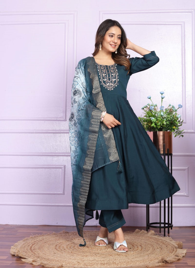 Teal Blue Silk Nyra Cut Salwar Suit With Embroidery Work