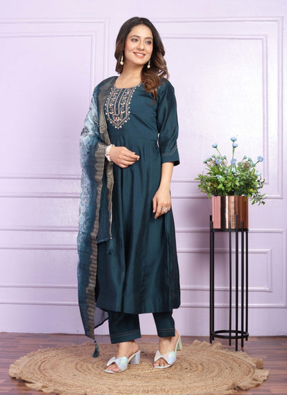 Teal Blue Silk Nyra Cut Salwar Suit With Embroidery Work-2