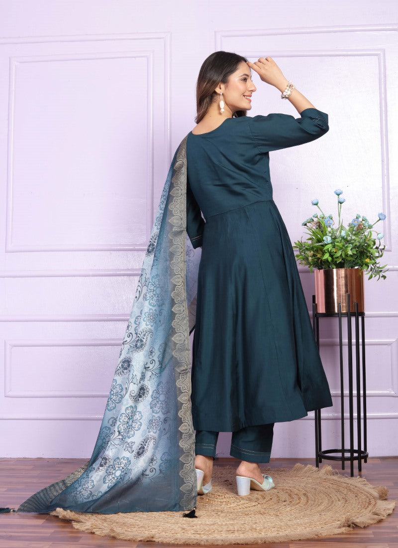 Teal Blue Silk Nyra Cut Salwar Suit With Embroidery Work