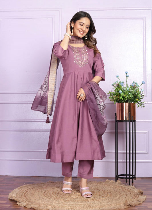 Pink Silk Nyra Cut Salwar Suit With Embroidery Work