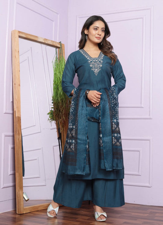 Teal Blue Silk Nyra Cut Salwar Suit With Embroidery Work