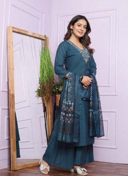 Teal Blue Silk Nyra Cut Salwar Suit With Embroidery Work-2