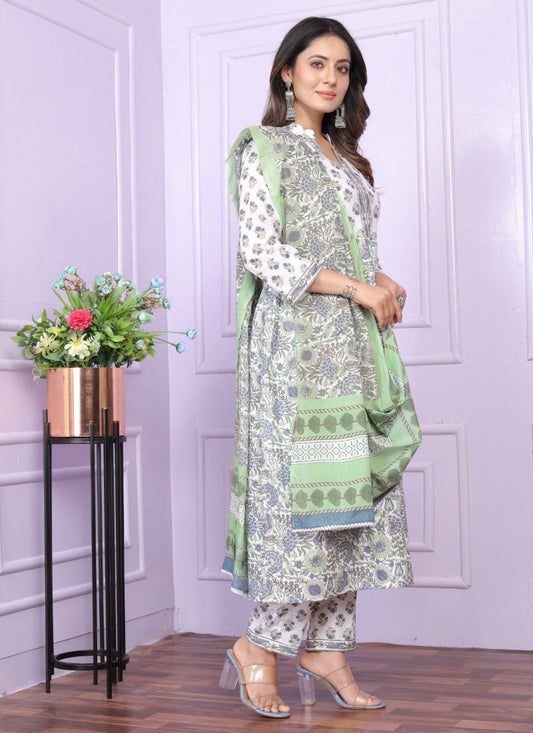 White Cotton Nyra Cut Salwar Suit With Embroidery Work