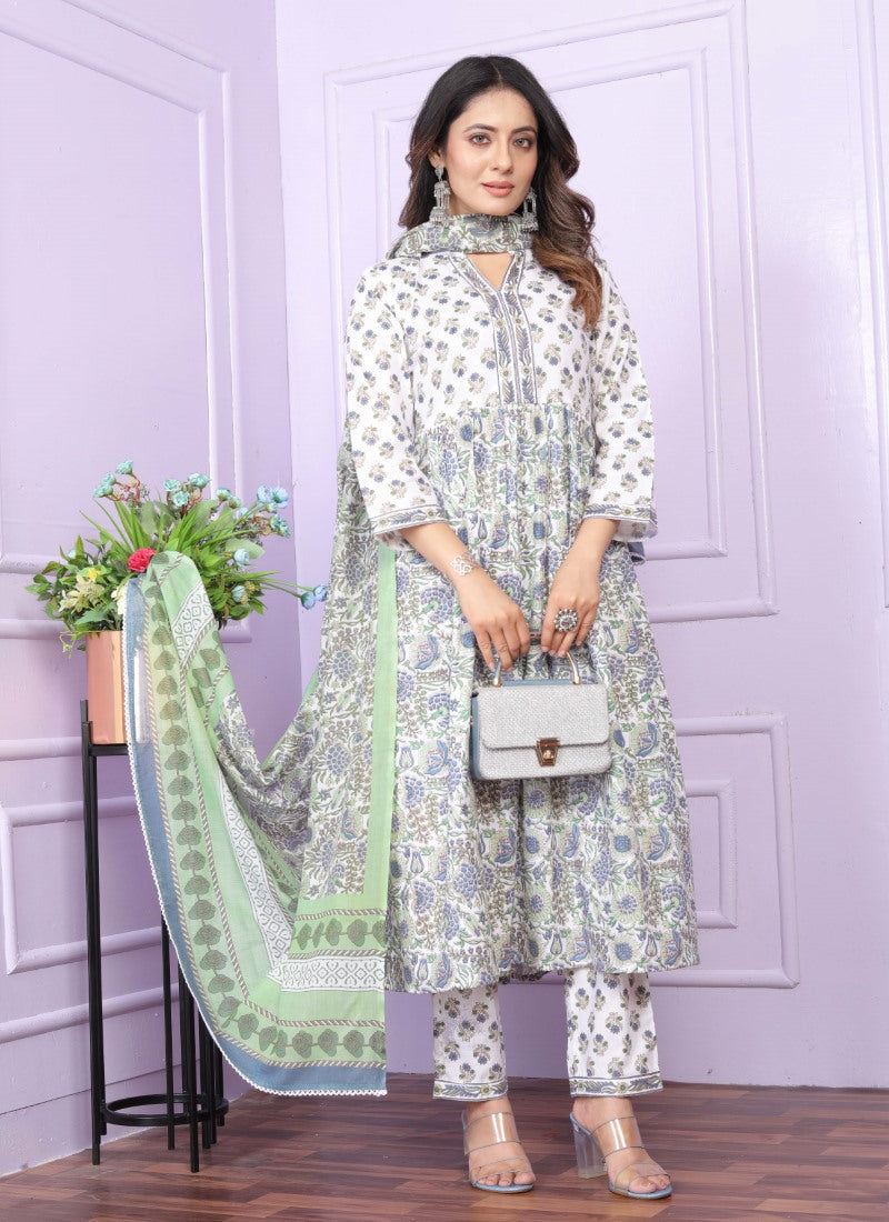 White Cotton Nyra Cut Salwar Suit With Embroidery Work-2