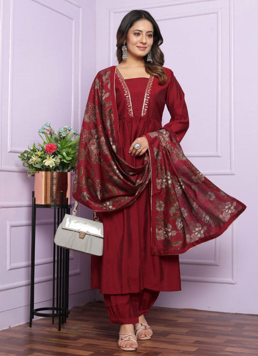 Maroon Cotton Nyra Cut Salwar Suit With Embroidery Work