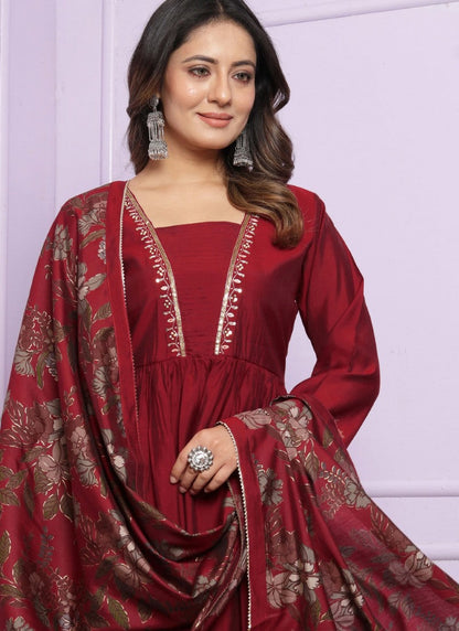 Maroon Cotton Nyra Cut Salwar Suit With Embroidery Work