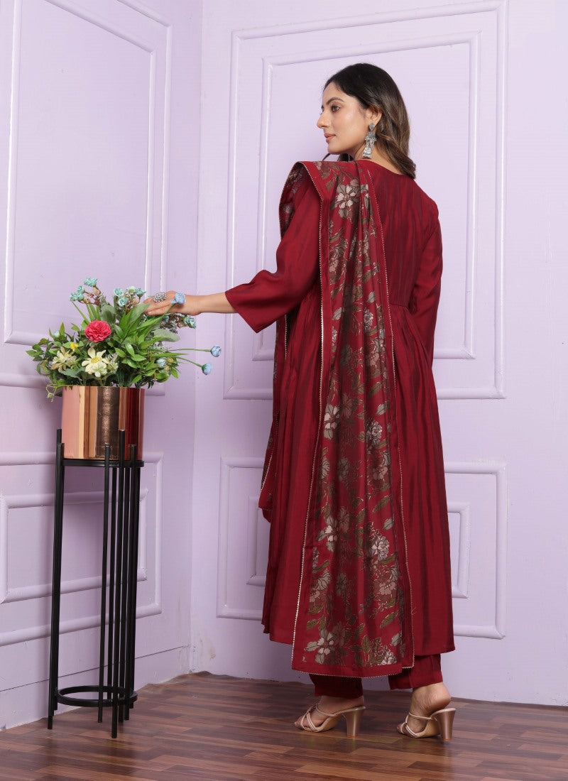 Maroon Cotton Nyra Cut Salwar Suit With Embroidery Work