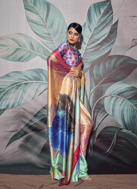 Multi Color Satin Crape With Digital Print Work