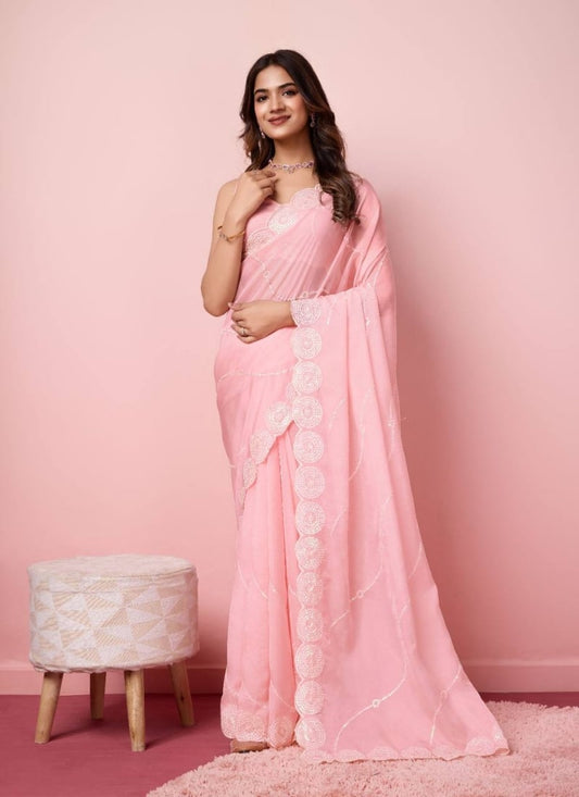 Baby Pink Silk Designer Classy Party Wear Saree
