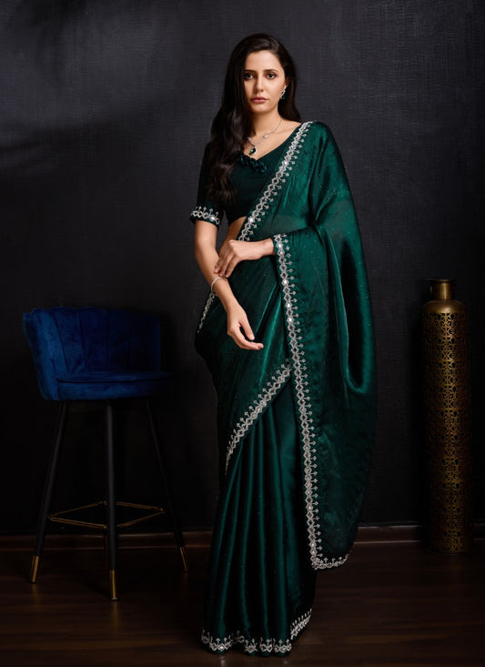 Green Silk Designer Party Wear Saree With Embroidered Work