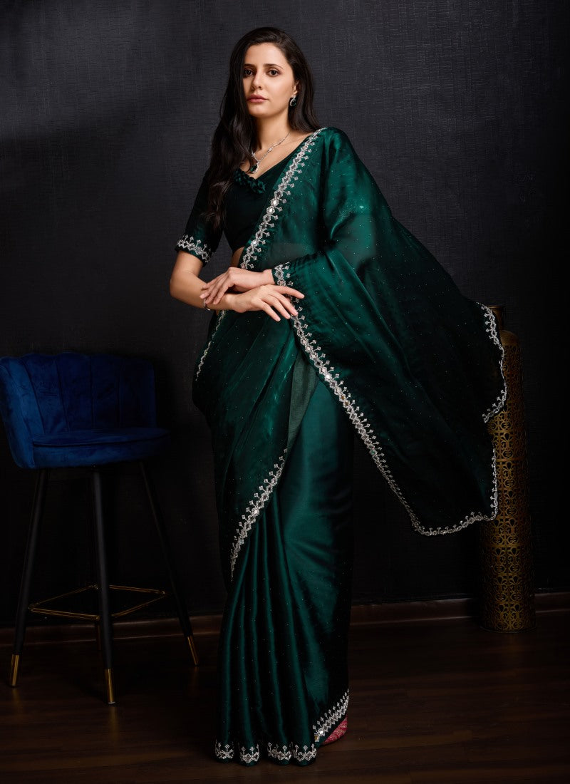 Green Silk Designer Party Wear Saree With Embroidered Work