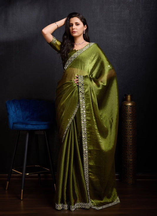 Olive Green Silk Designer Party Wear Saree With Embroidered Work