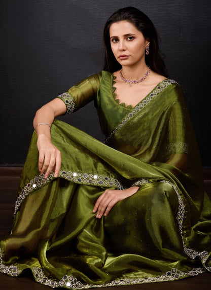 Olive Green Silk Designer Party Wear Saree With Embroidered Work