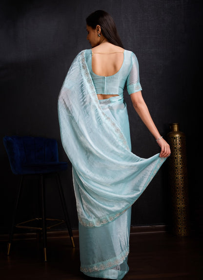 Sky Blue Silk Designer Party Wear Saree With Embroidered Work