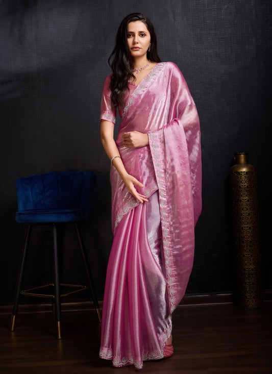 Pink Silk Designer Party Wear Saree With Embroidered Work