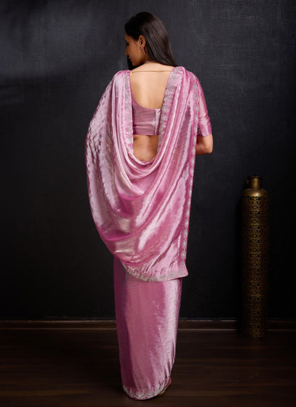 Pink Silk Designer Party Wear Saree With Embroidered Work