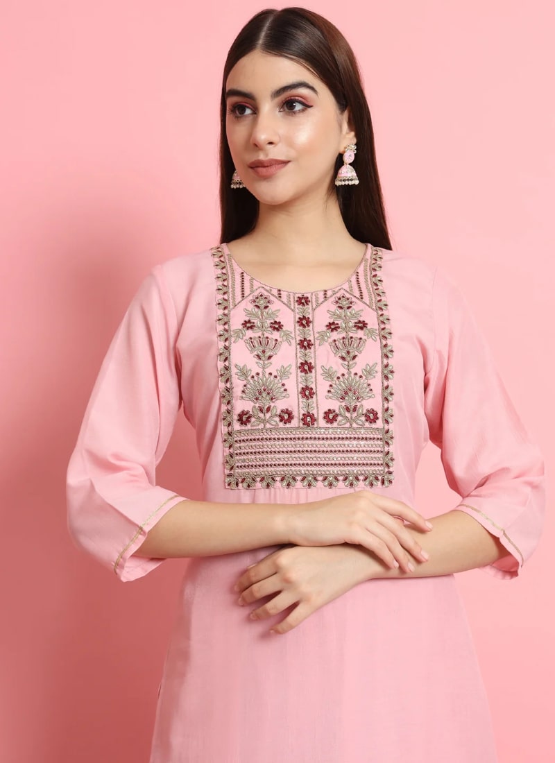 Pink Cotton Salwar Suit With Embroidery Work