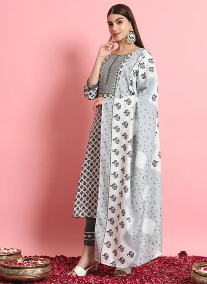 Grey Cotton Salwar Suit With Embroidery Work