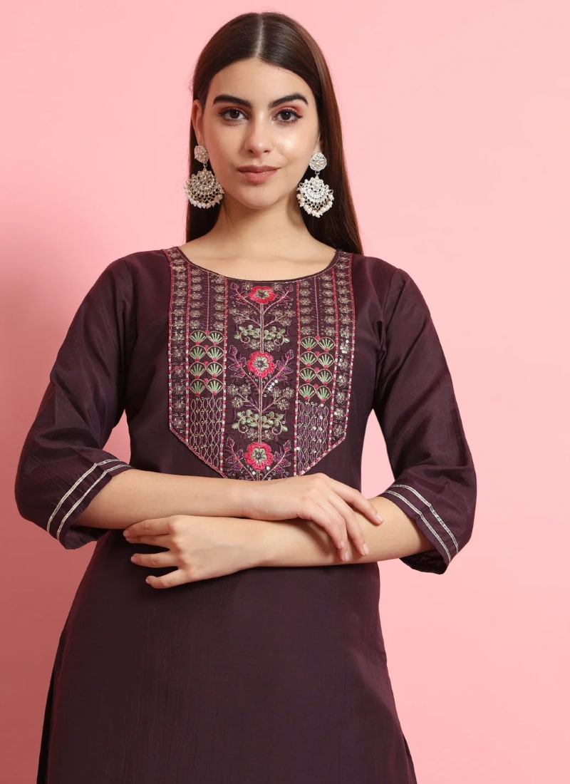 Purple Silk Salwar Suit With Embroidery Work