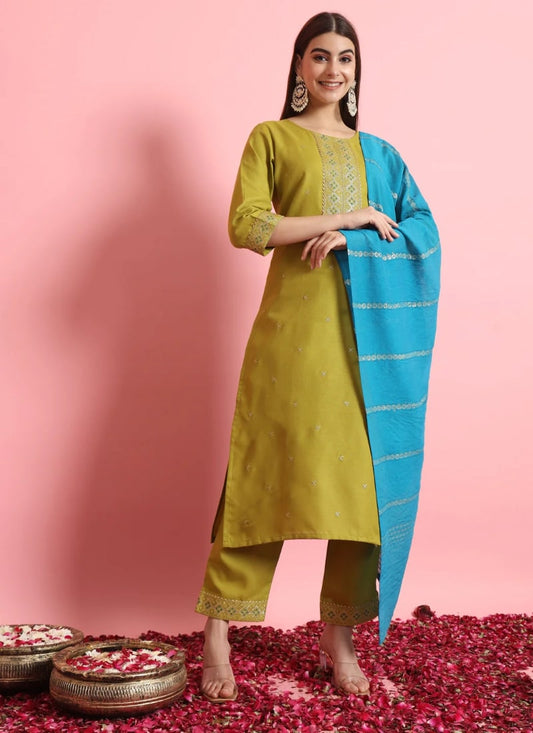 Olive Green Cotton Salwar Suit With Embroidery Work