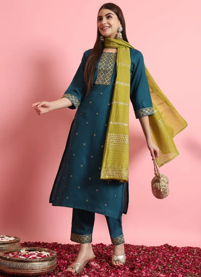 Teal Cotton Salwar Suit With Embroidery Work