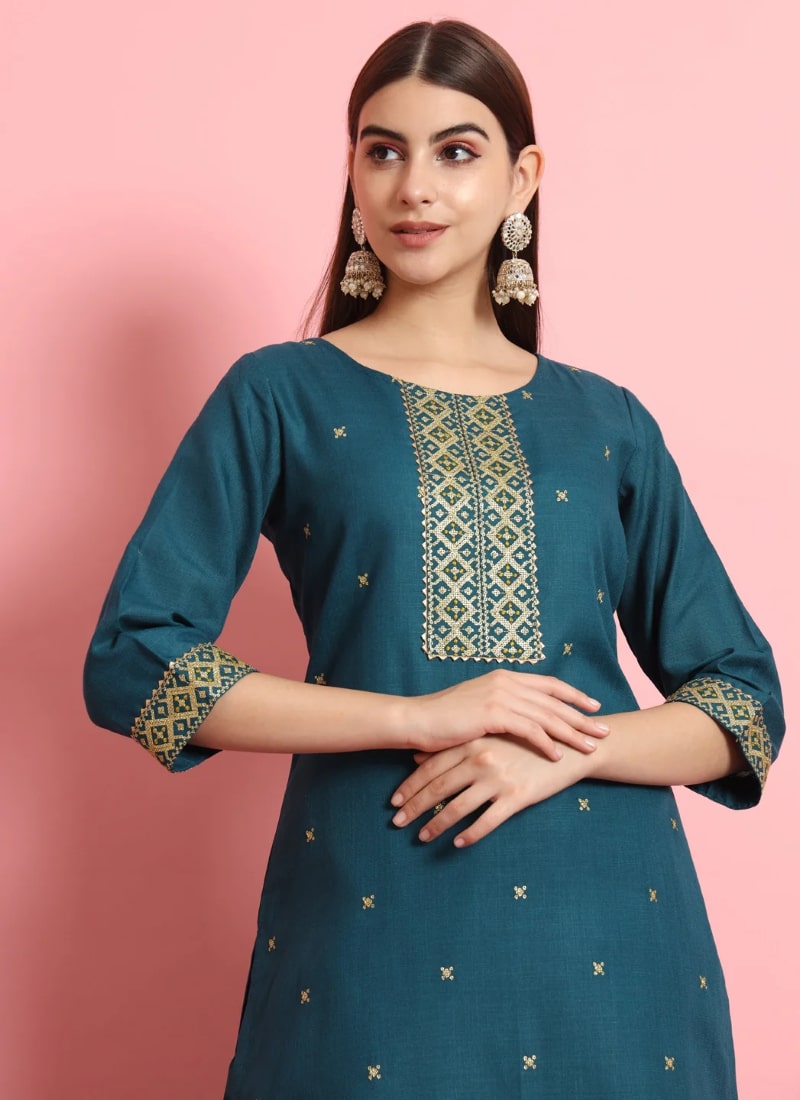 Teal Cotton Salwar Suit With Embroidery Work