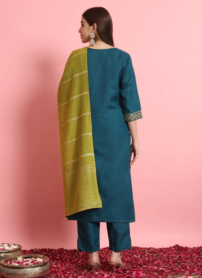 Teal Cotton Salwar Suit With Embroidery Work