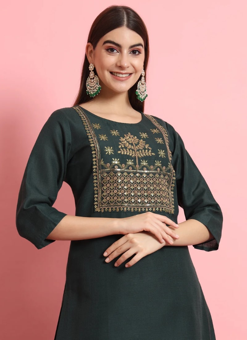 Green Cotton Salwar Suit With Embroidery Work