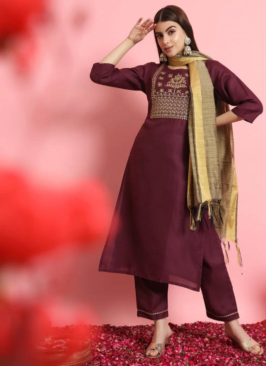 Purple Cotton Salwar Suit With Embroidery Work