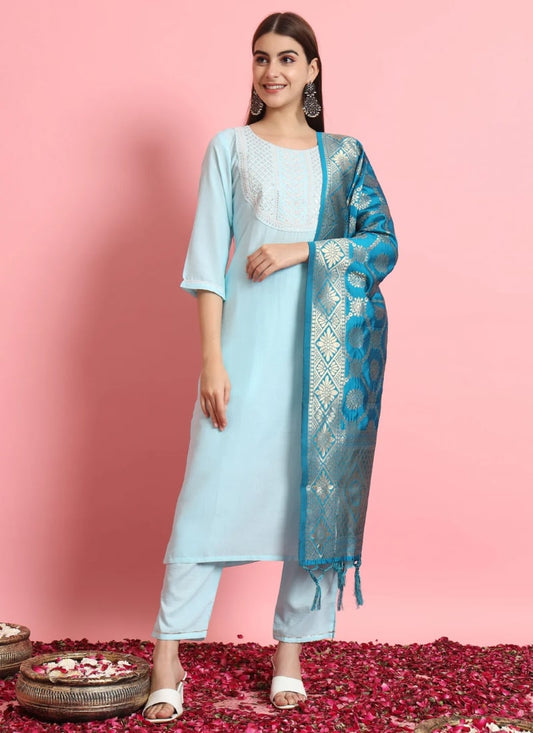 Sky Cotton Salwar Suit With Embroidery Work