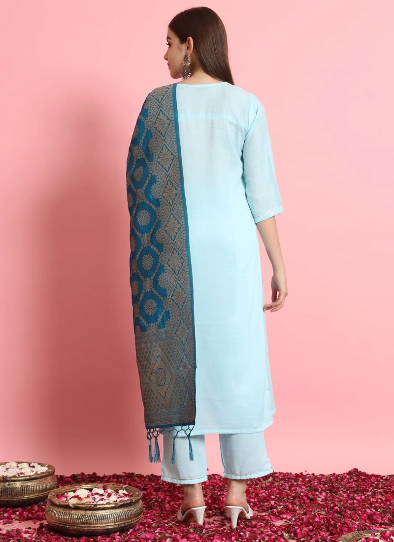 Sky Cotton Salwar Suit With Embroidery Work