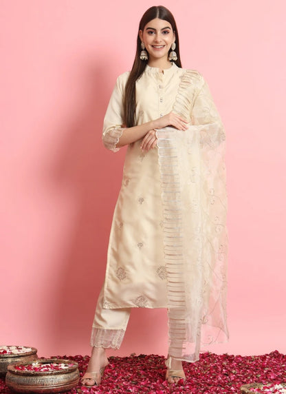 White Silk Salwar Suit With Embroidery Work