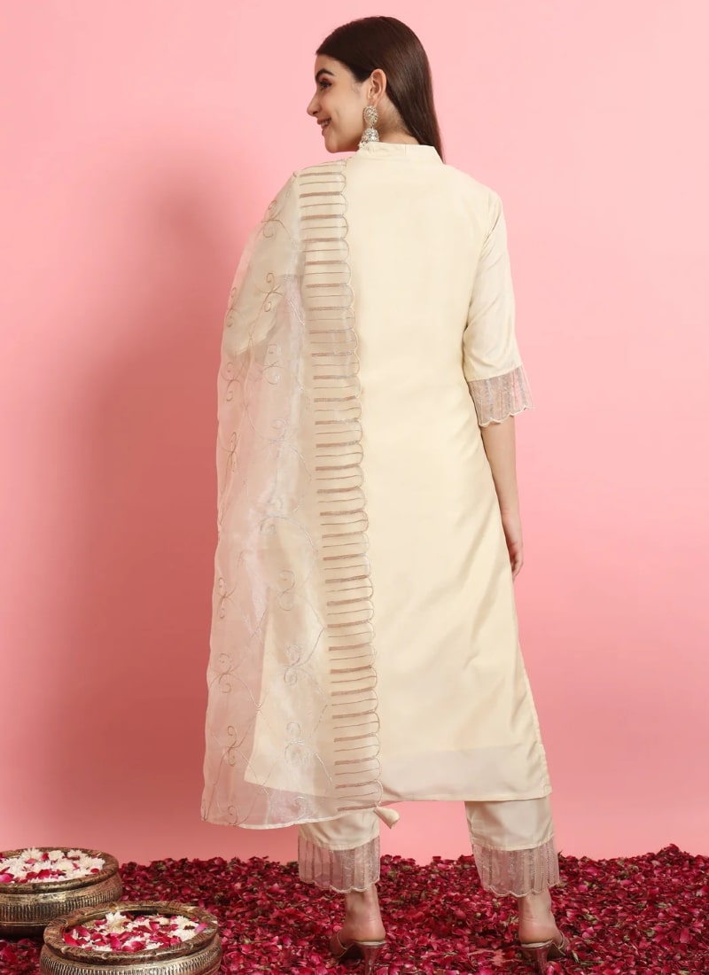 White Silk Salwar Suit With Embroidery Work