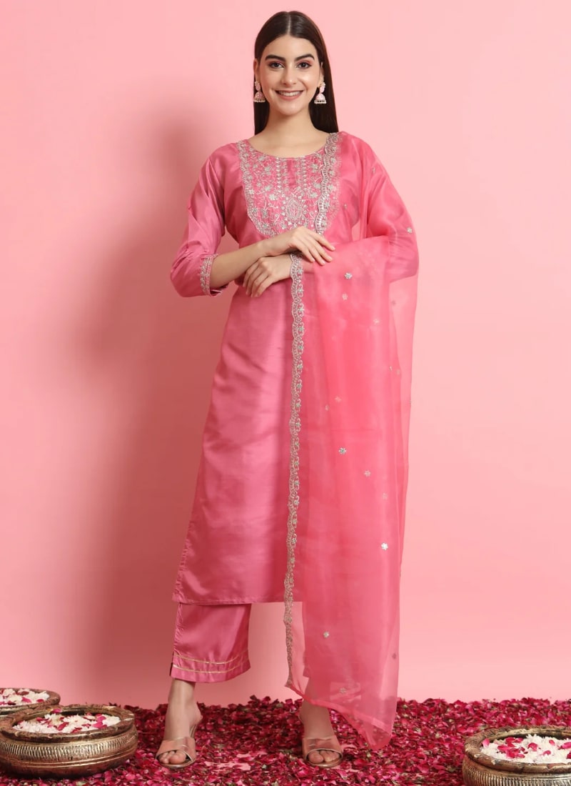 Pink Silk Salwar Suit With Embroidery Work