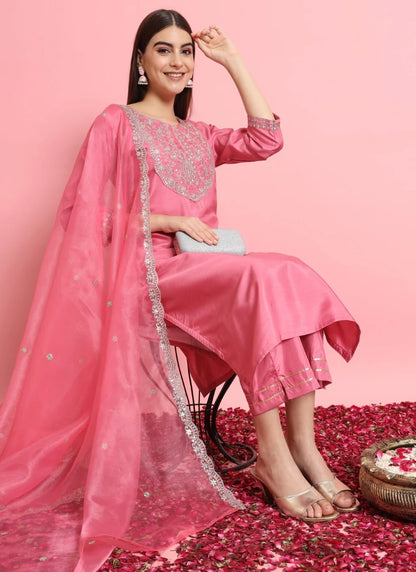 Pink Silk Salwar Suit With Embroidery Work