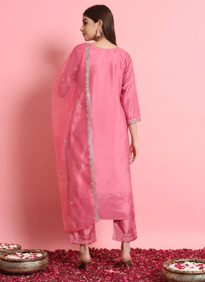 Pink Silk Salwar Suit With Embroidery Work