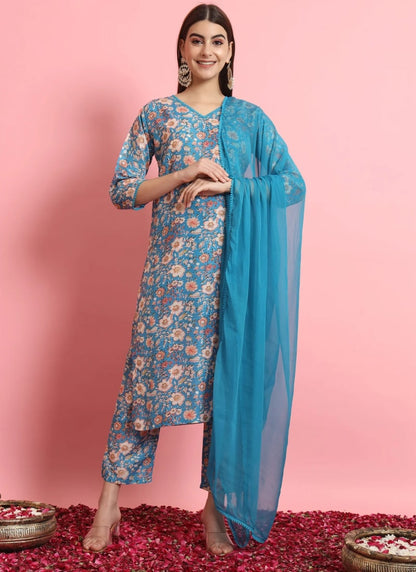 Blue Viscose Salwar Suit With Embroidery Work