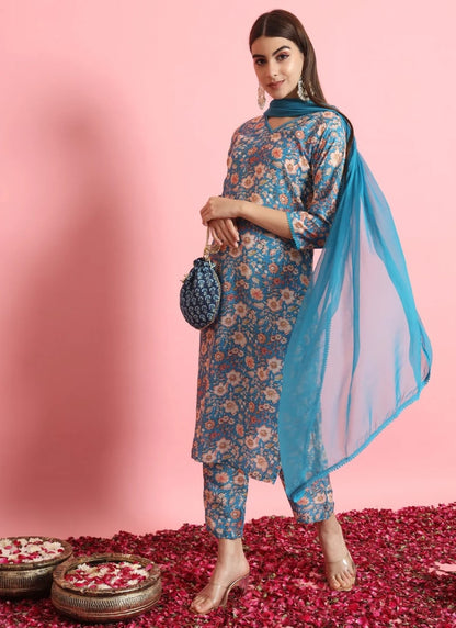 Blue Viscose Salwar Suit With Embroidery Work