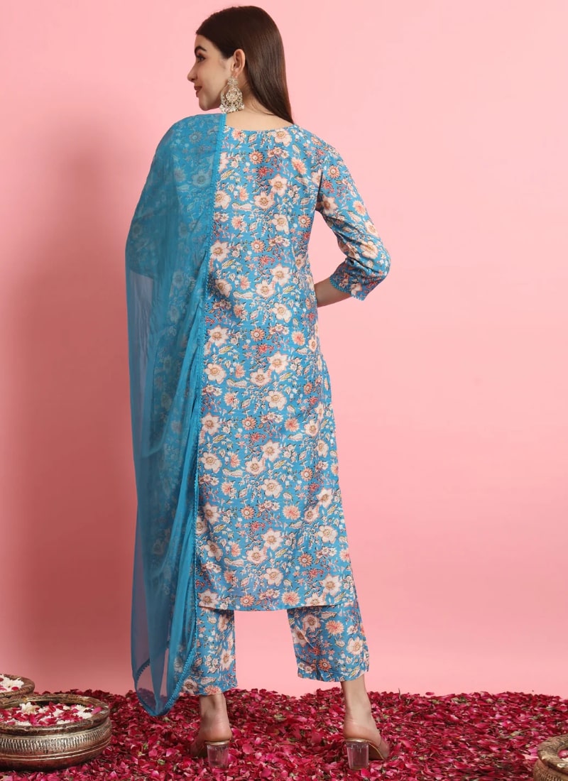 Blue Viscose Salwar Suit With Embroidery Work