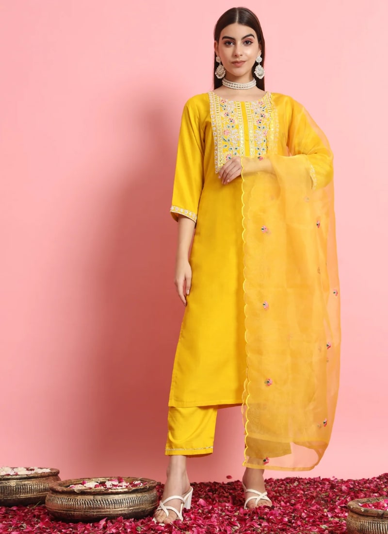 Yellow Silk Salwar Suit With Embroidery Work