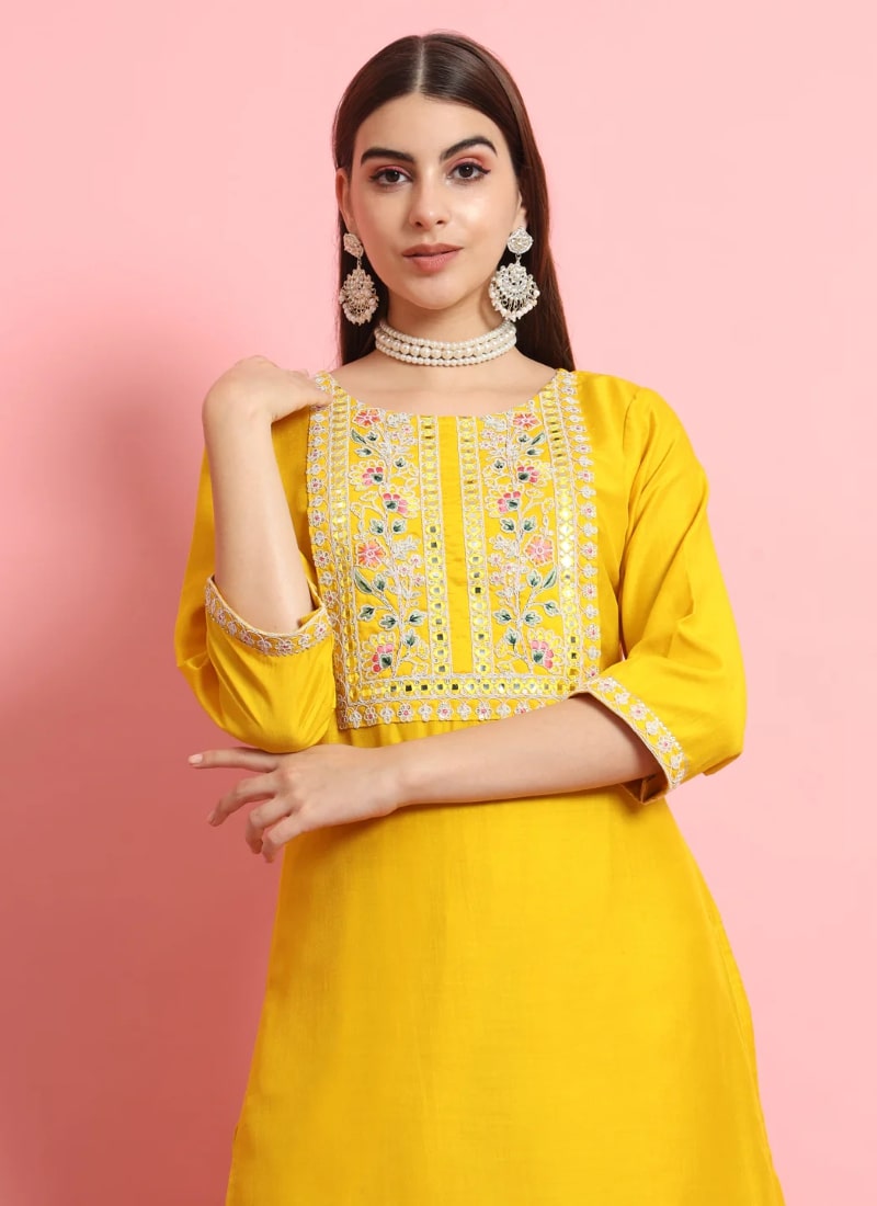 Yellow Silk Salwar Suit With Embroidery Work