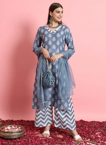 Blue Viscose Salwar Suit With Embroidery Work