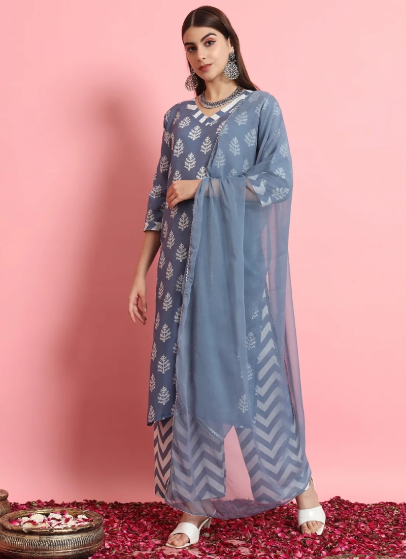 Blue Viscose Salwar Suit With Embroidery Work