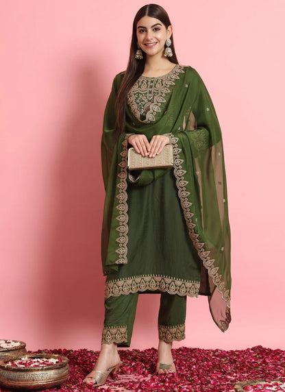 Green Silk Salwar Suit With Embroidery Work