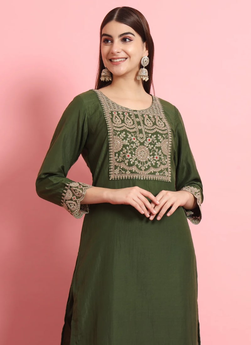 Green Silk Salwar Suit With Embroidery Work