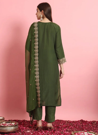 Green Silk Salwar Suit With Embroidery Work