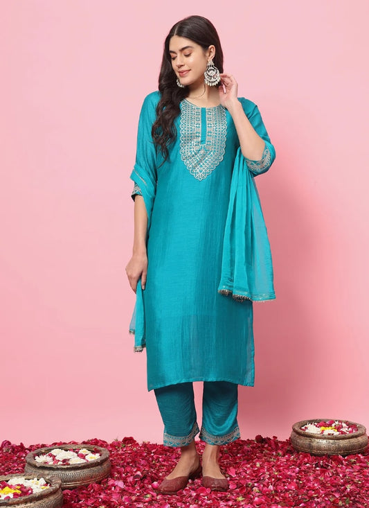 Aqua Silk Salwar Suit With Embroidery Work