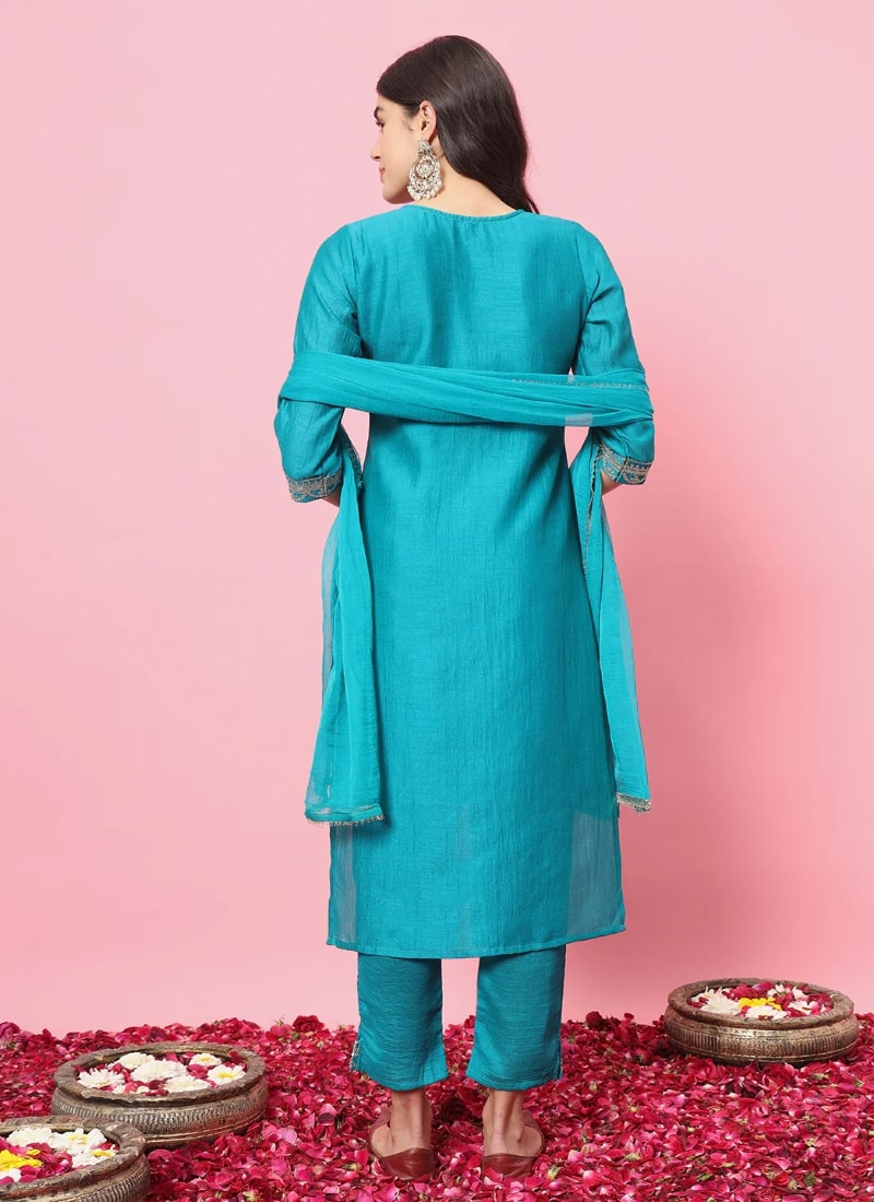 Aqua Silk Salwar Suit With Embroidery Work