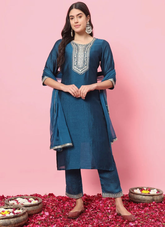 Teal Blue Silk Salwar Suit With Embroidery Work