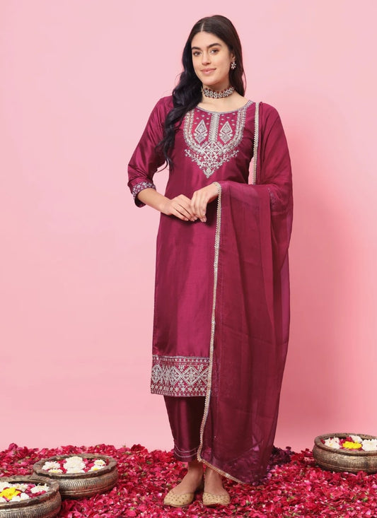 Red Silk Salwar Suit With Embroidery Work